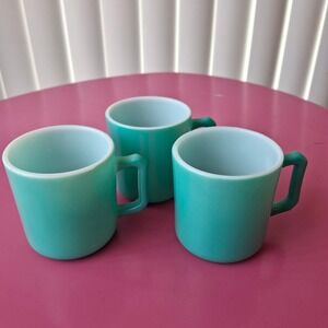 Hazel Atlas Vintage Turquoise Blue Milk Glass D-Handle Coffee Mugs Set of 3 Teal